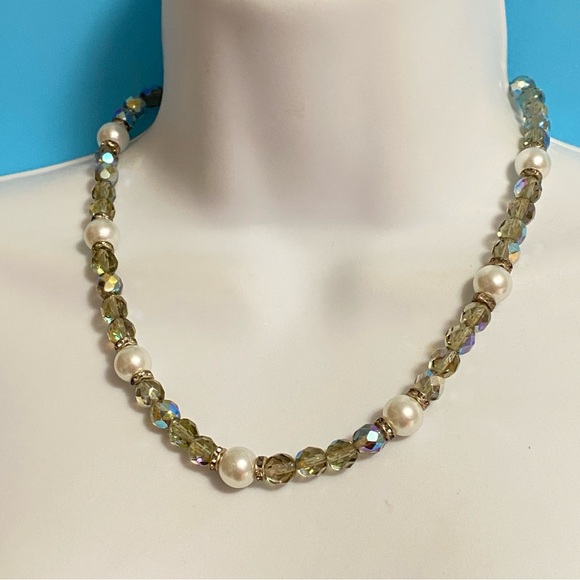 Crystal AB Beads Faux Pearls Necklace Sterling Clasp - Picture 2 of 7